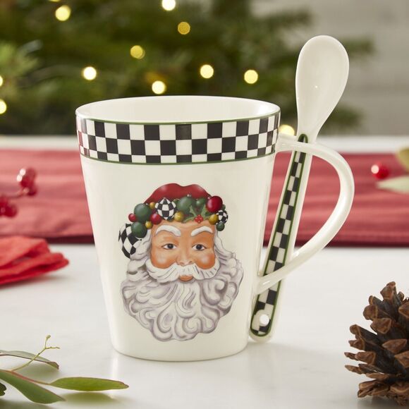 Spode Black and White Porcelain Christmas Tree Mug and Spoon Set New in Box - Picture 1 of 12